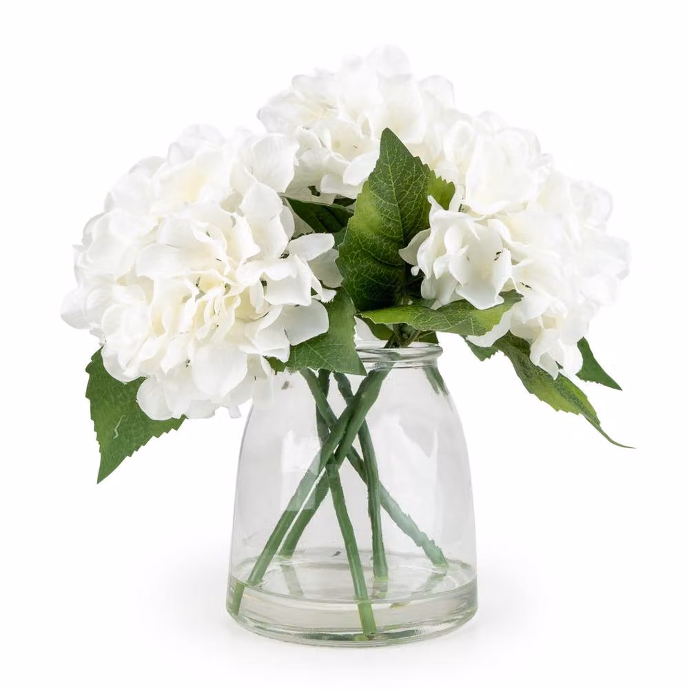 Madison & Mayfair White Hydrangea Floral Arrangement in a Transparent Glass Vase, Height: 28 cm – 2