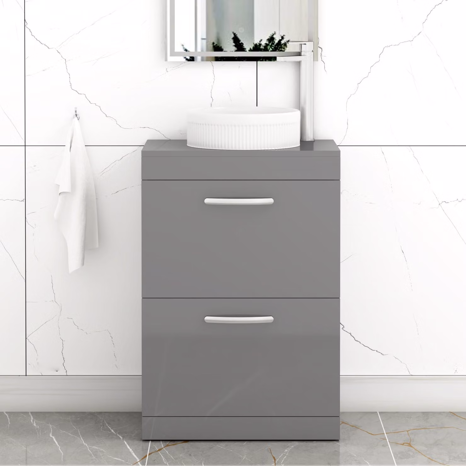 Royal Bathrooms Turin 500mm Floor Standing 2 Drawer Vanity Unit in Indigo Grey Gloss with Round Countertop Basin