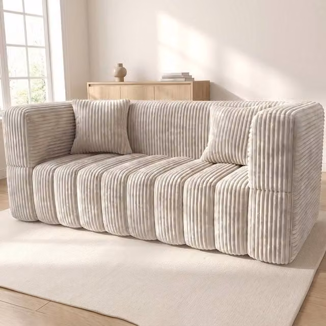 RUMMY Modern 2 Seater Upholstered Foam Sofa with Armrests and 2 Scatter Cushions in Beige