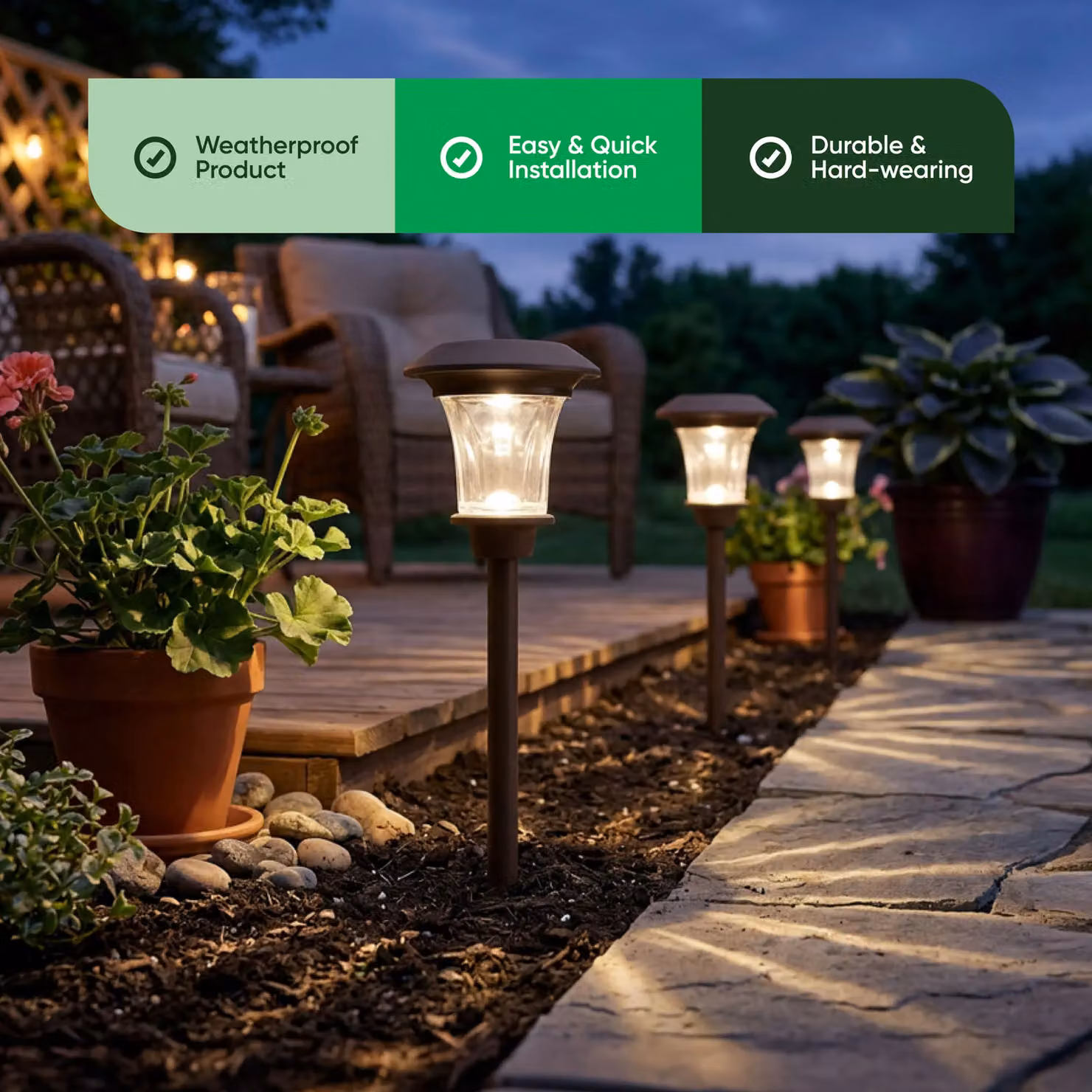 Gardenwize Pack of 4 Solar LED Metal Pathway Stake Lights in Black with Warm White Light and Dusk Sensor – 2