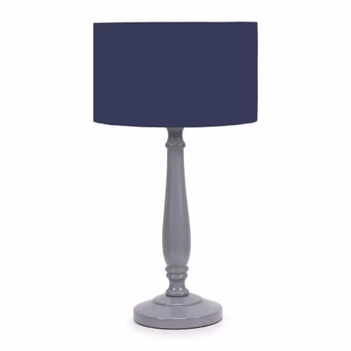 ValueLights Traditional Grey Wood Table Lamp with Blue Fabric Drum Shade and LED Bulb