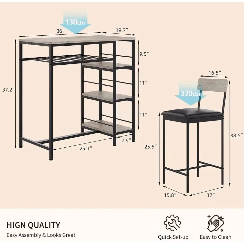 KORVIXA 3-Piece Modern Dining Set with Upholstered Bar Stools and Wine Rack, Multicolour, W/D/H: 100 x 100 x 100 cm – 2