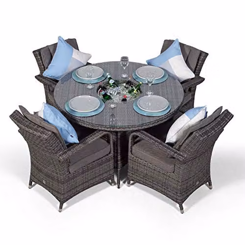 Thats Furniture Giardino Arizona 4 Seater Rattan Garden Dining Set with Ice Bucket Cooler in Grey and Brown, Diameter: 120 cm – 4