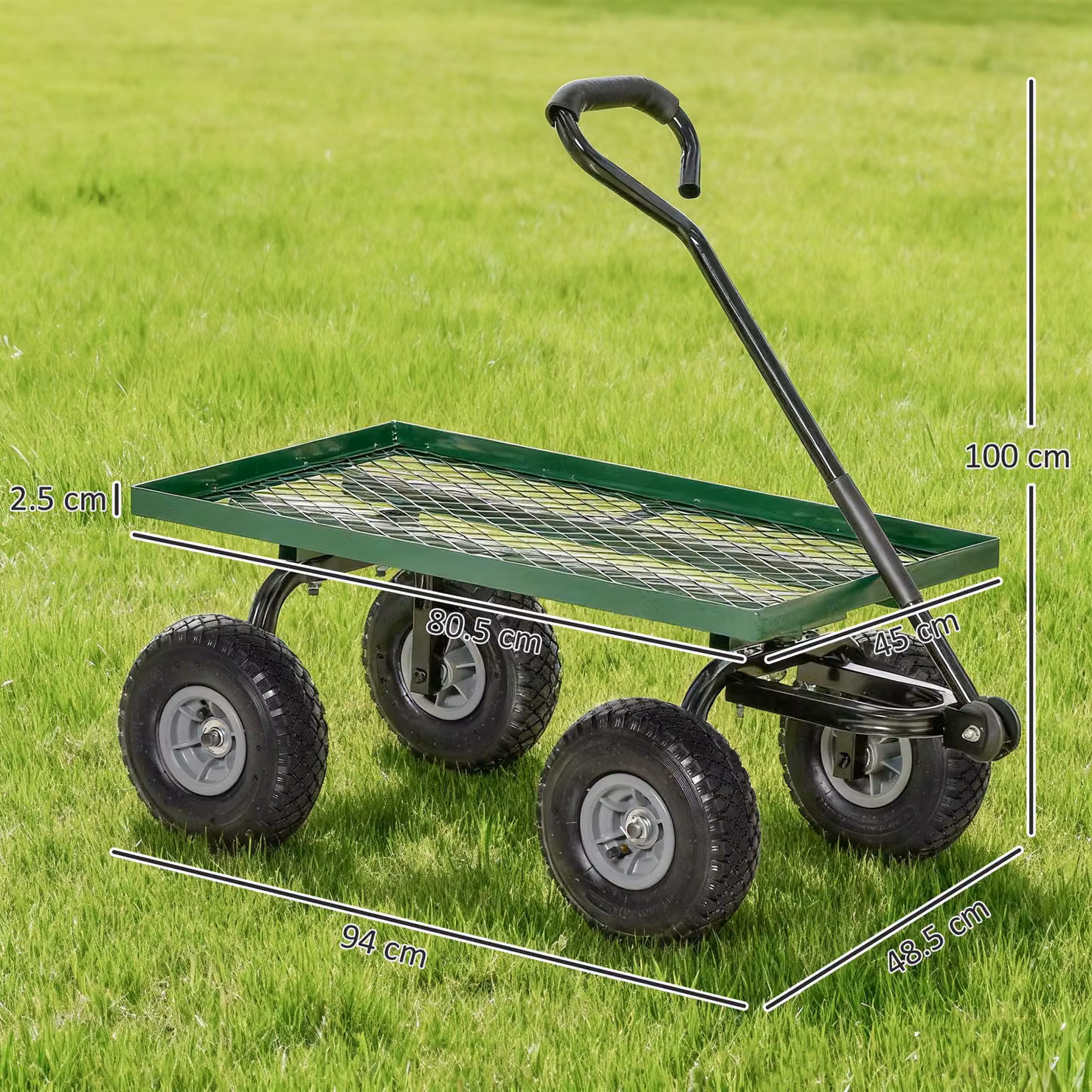 Outsunny Heavy Duty Garden Trolley Cart with Metal Frame and Pneumatic Wheels, Green – 3