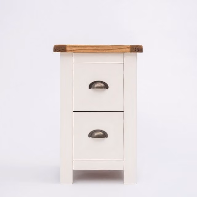 Cabinet Bits Lovere 2 Drawer Petite Bedside Cabinet in Off-White with Chrome Handle and Antique Brass Cup