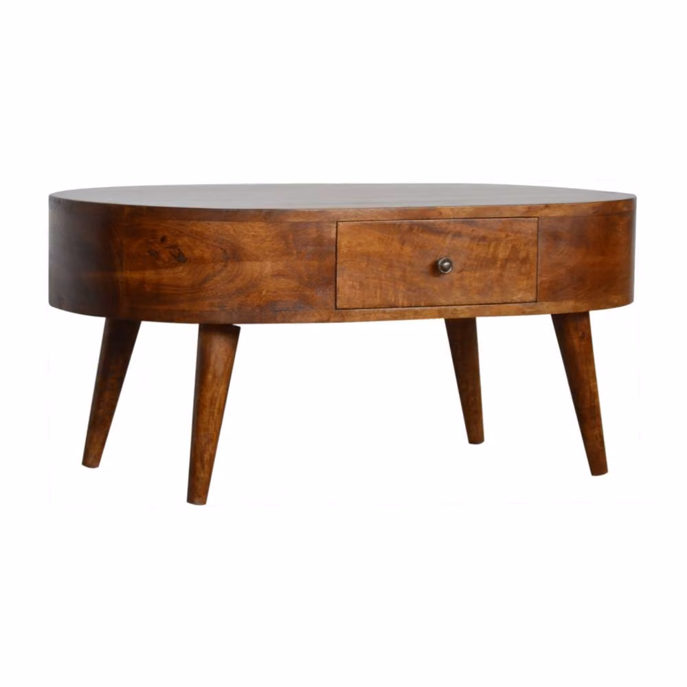 STILVORA Round Mango Wood Coffee Table in Brown with 2 Drawers – 2