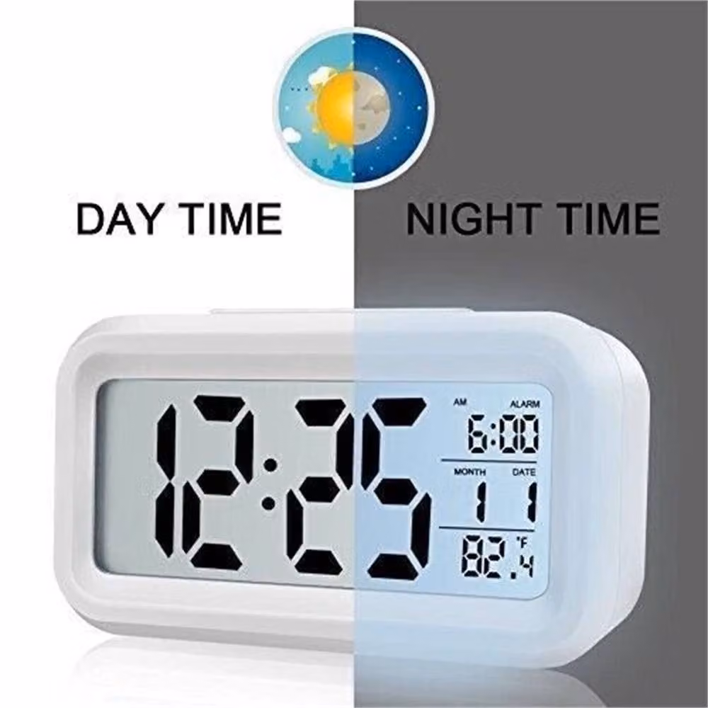 VOGREX LED Digital Alarm Clock with Snooze, Temperature and Day/Night Display in White – 3