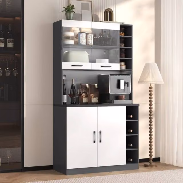 Merax Tall Kitchen Storage Cabinet Pantry with LED Open Shelves in White – 1