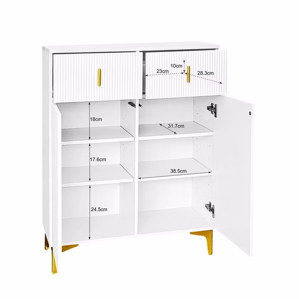 Merax Modern White and Gold Fluted Shoe Cabinet with Soft-Close Doors and Drawers, W/D/H: 83 x 35 x 101 cm – 2
