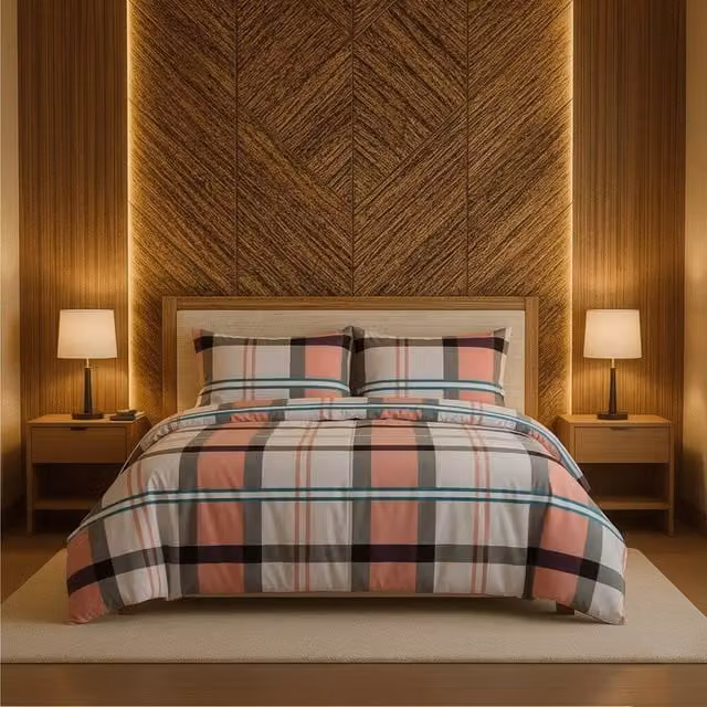 Snug City Super King Duvet Cover and Pillowcase Set in Pink Tartan Check Polycotton Linen Blend, 200 x 200 cm