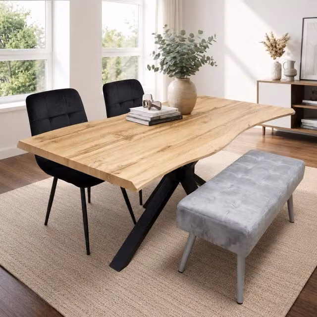 Kosy Koala Modern Dining Set with Rectangular Wood Table, 2 Black Velvet Chairs and a Grey Velvet Padded Bench