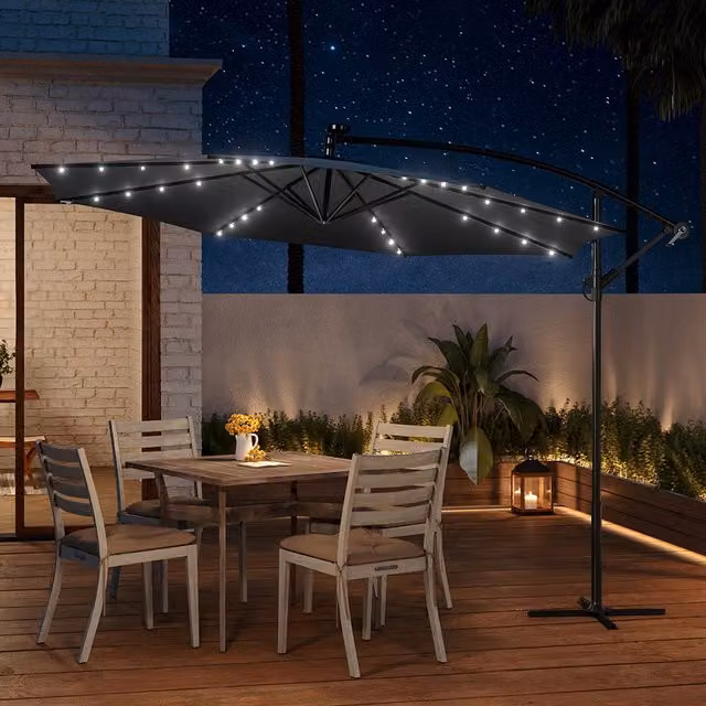 Livingandhome Lighted Garden Parasol Outdoor Umbrella with Cross Base in Grey