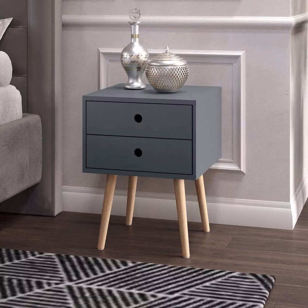 FORGEVIO Modern Blue Lacquered Wood Bedside Cabinet with 2 Storage Drawers – 3