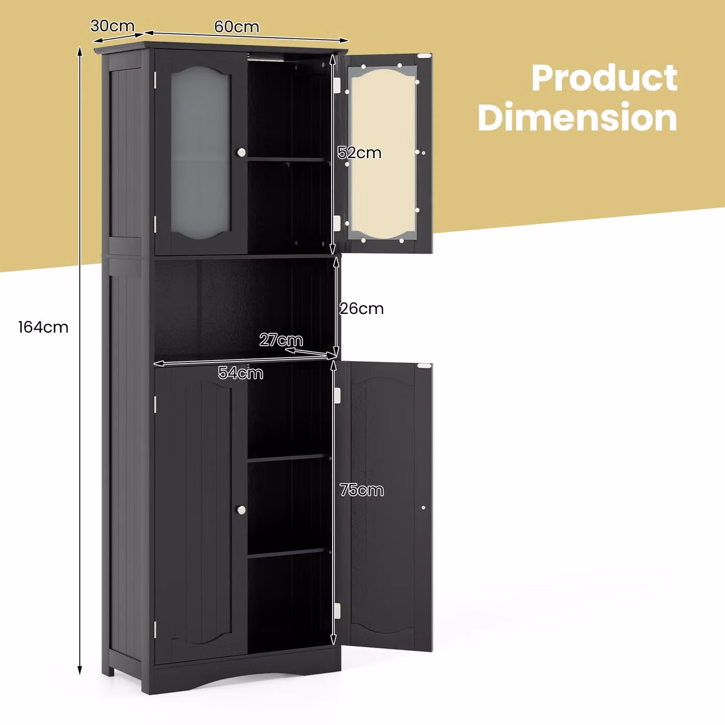 Gymax Tall Black Matt Bathroom and Kitchen Storage Cabinet with Tempered Glass Doors – 2
