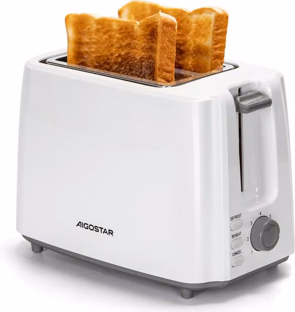 Aigostar 2-Slice White Toaster with Auto Shut-off and Cable Storage