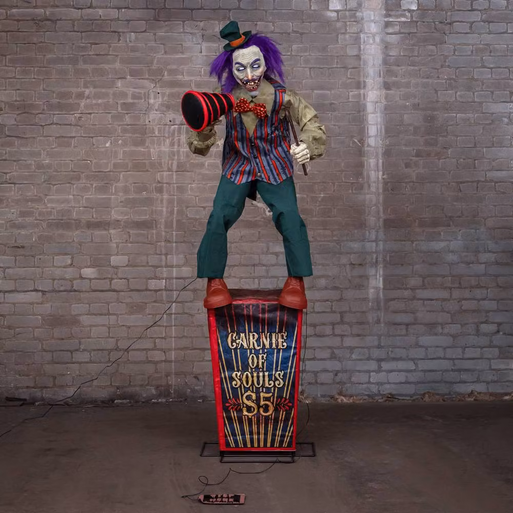 Samuel Alexander 6ft Servo Carnival Barker Halloween Animatronic with Glowing Digi-Eyes and Multicolour Striped Design – 2