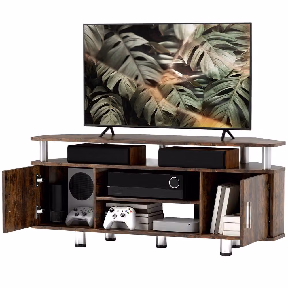STILVORA TV Stand with 2 Cupboards and Shelves in Rustic Brown – 3