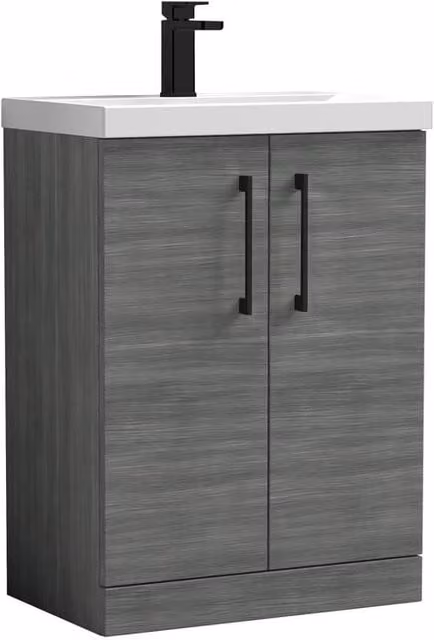 Balterley Anthracite Woodgrain 2-Door Bathroom Floor Vanity Unit with Basin, W: 60 cm, H: 84 cm – 1