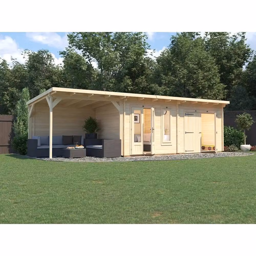 Dunster House Wooden Log Cabin with Gazebo in Beige, W: 9.0 m, D: 2.5 m – 2