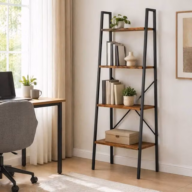 STILVORA 4-Tier Brown Ladder Shelf with Metal and MDF Frame – 1