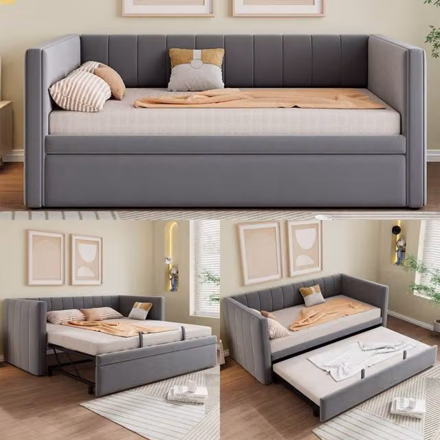 Merax Grey Velvet Single Upholstered Daybed with Pull-Out Trundle and Lift-Up Base, W/D/H: 90 x 190 x 200 cm – 1