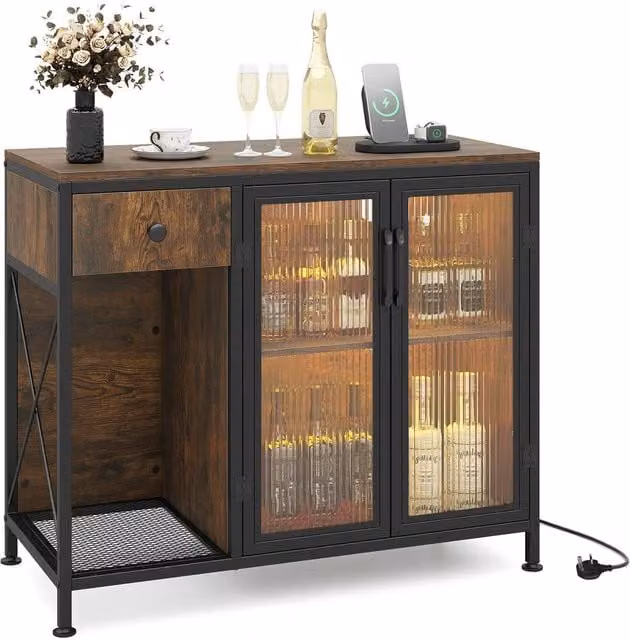 Gymax Brown Industrial Buffet Sideboard with Integrated LED Lighting and Power Outlets – 1