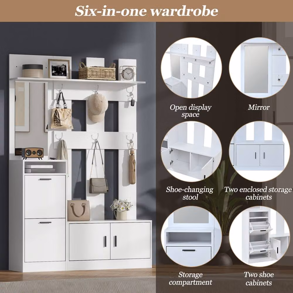 Merax Modern White Hall Tree Storage Unit with Shoe Bench, Mirror and Hooks, H 180 x W 80 x D 30 cm – 5