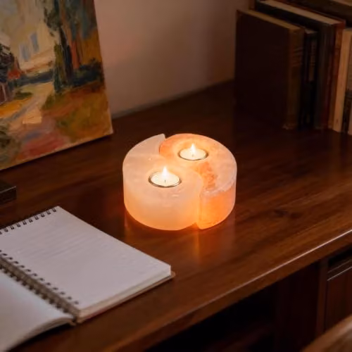 Myga Yin & Yang Himalayan Salt Tealight Holder in Pink, White and Orange – 3