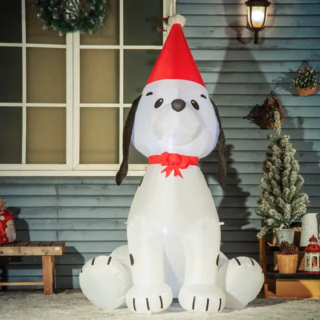 HOMCOM 6ft Inflatable White Christmas Puppy Dog with Santa Hat and Lights