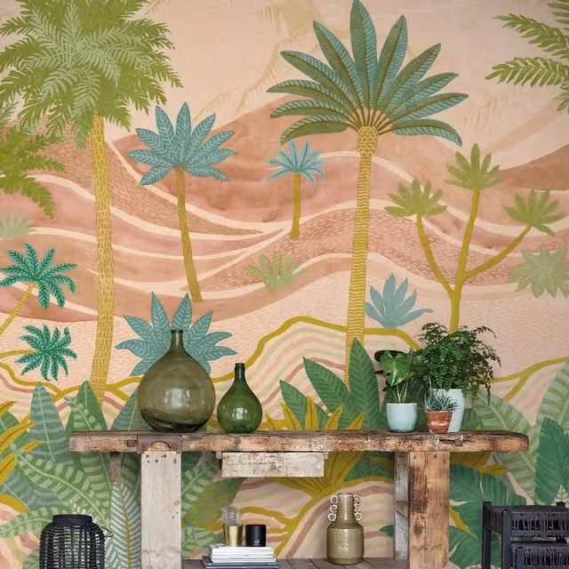 Grandeco Pink Floral Botanical Palm Spring 7 Lane Repeatable Textured Vinyl Wallpaper Mural
