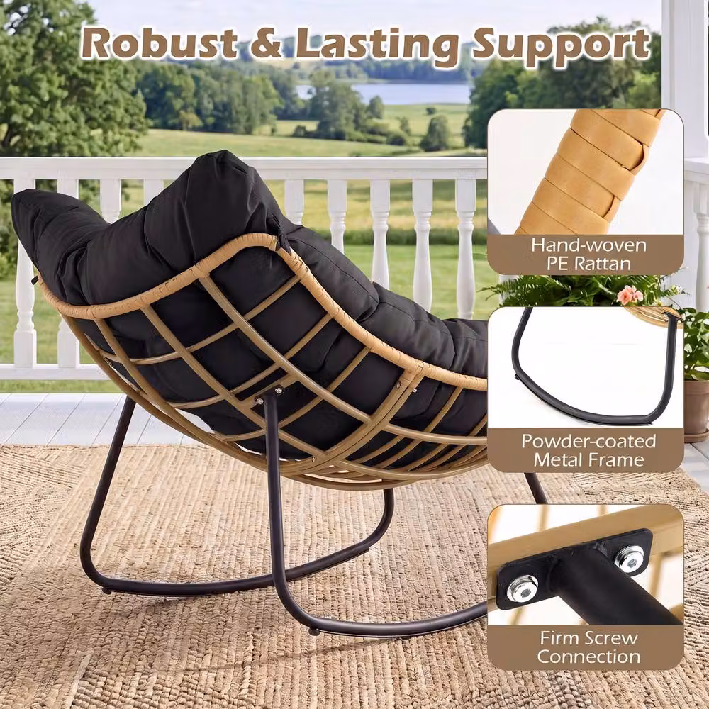 Costway Oversized PE Wicker Outdoor Rocking Egg Chair with Cushion in Black – 4