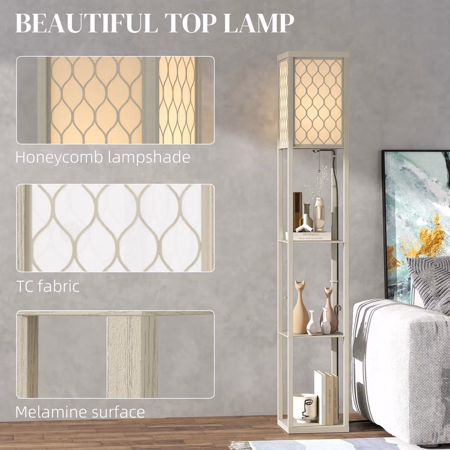 HOMCOM Modern Floor Lamp with 3 Wood Shelves and White Fabric Lampshade in Light Oak, H 160 x W 26 x D 26 cm – 3