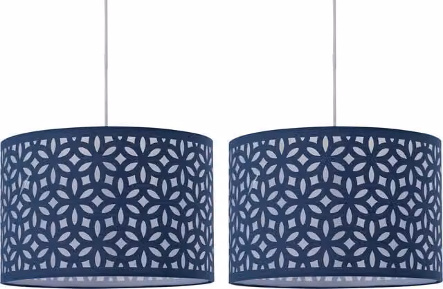 First Choice Lighting Set of 2 Navy Blue Laser Cut Cylinder Pendant Lightshades, Diameter: 33 cm