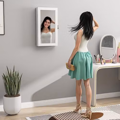 HOMCOM Wall-Mounted White Jewelry Cabinet with Mirror and Lock – 3