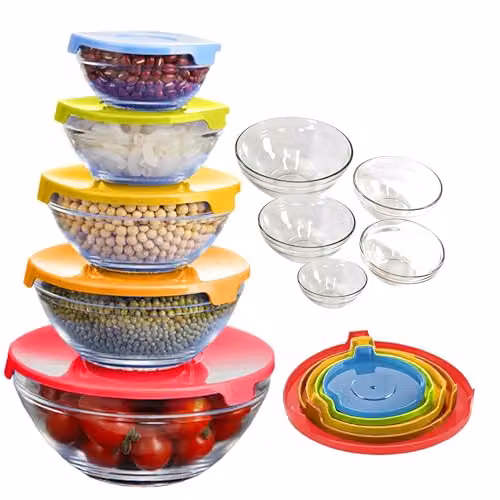 ATEK 5 Piece Airtight Glass Food Storage Container and Mixing Bowl Set with Lids, Stackable and Nestable, Multicolour and Transparent – 8