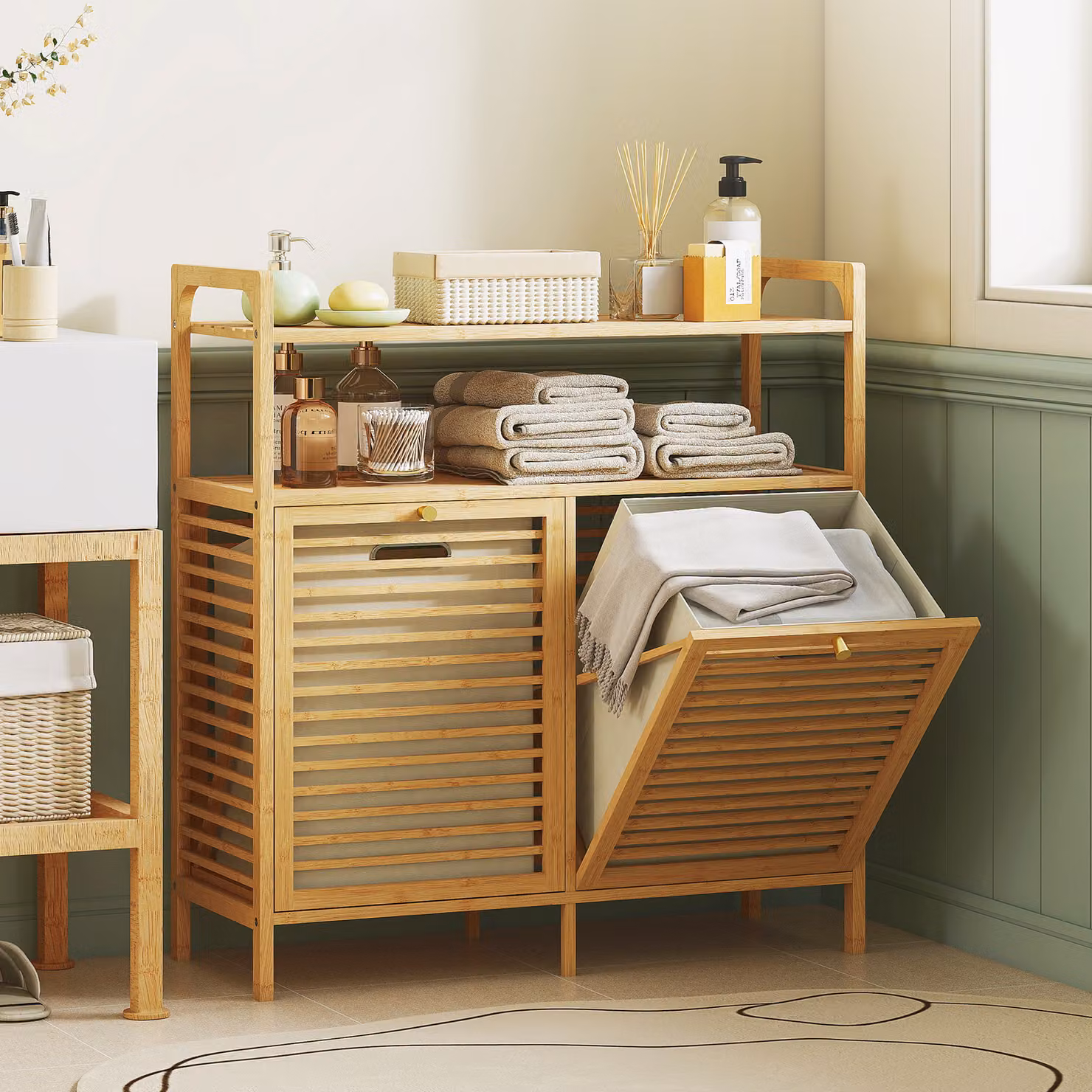 HOMCOM Double Tilt Out Bamboo Laundry Cabinet, Freestanding Scandinavian Bathroom Cabinet with 2 Removable Baskets, Brown/Beige – 2