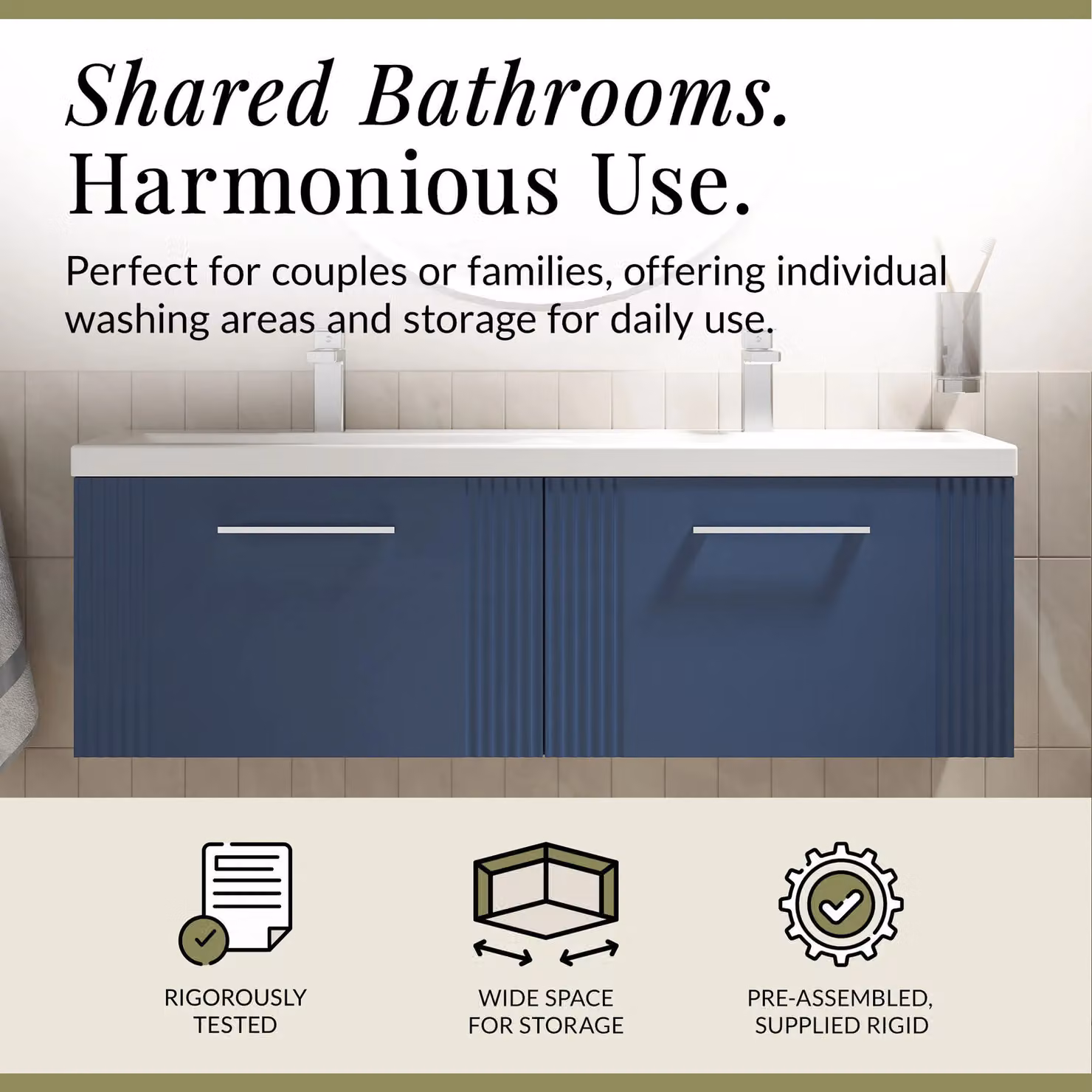 Balterley Wall Hung 2 Drawer Vanity Unit with 2 Ceramic Basins, Satin Blue, W: 120 cm – 2