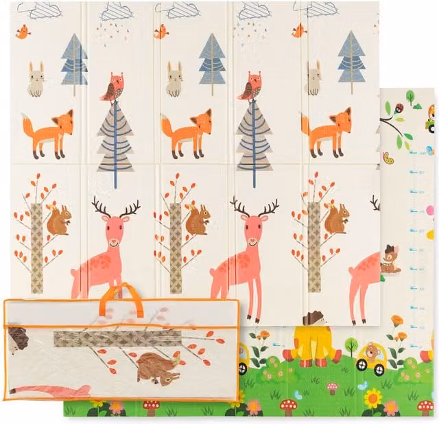 COSTWAY Reversible Foldable Baby Play Mat with Kids Motif in Yellow and Multicolour, W/D/H: 180 x 180 x 1 cm