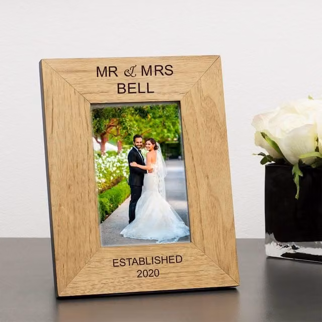 Uniqueful Personalised Mr & Mrs Wood Picture Frame, Brown, W/D/H: 20.5 x 25.5 x 20.5 cm