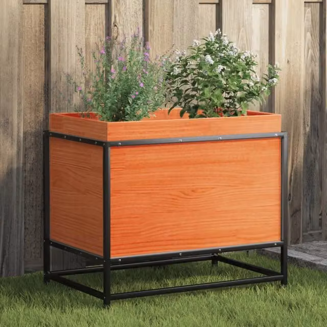 Berkfield Home Waxed Brown Pine and Steel Garden Planter, W/D/H: 60 x 40 x 50 cm