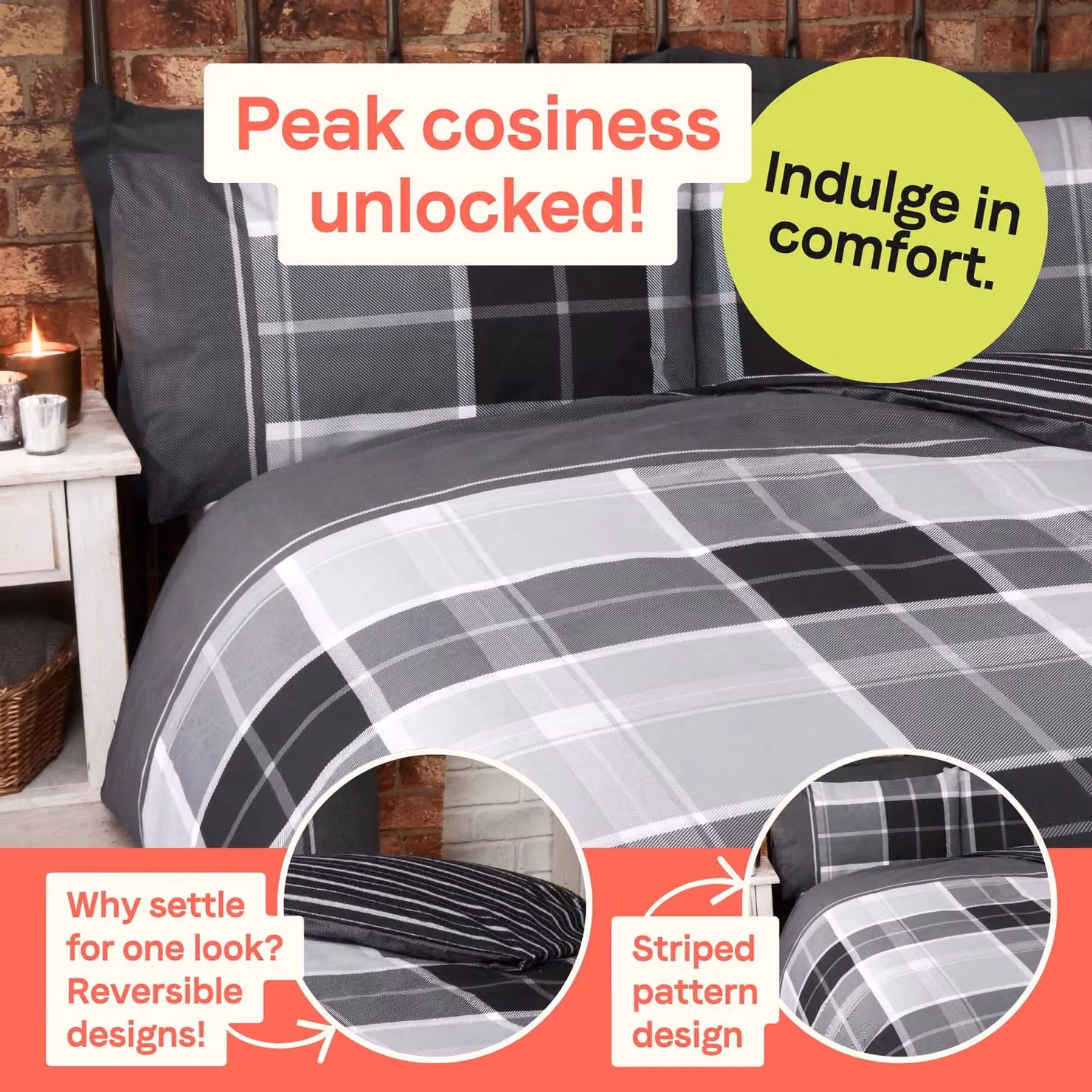 Rapport Home Argyle Tartan Check Single Duvet Cover Set in Grey, Reversible Polycotton with Pillowcase, W/D/H: 135 x 200 cm and 50 x 70 cm – 2