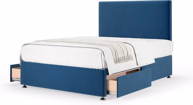 Bedmaster Plush Velvet Divan Base with Storage Drawers and Plain Headboard in Blue, Width: 75 cm