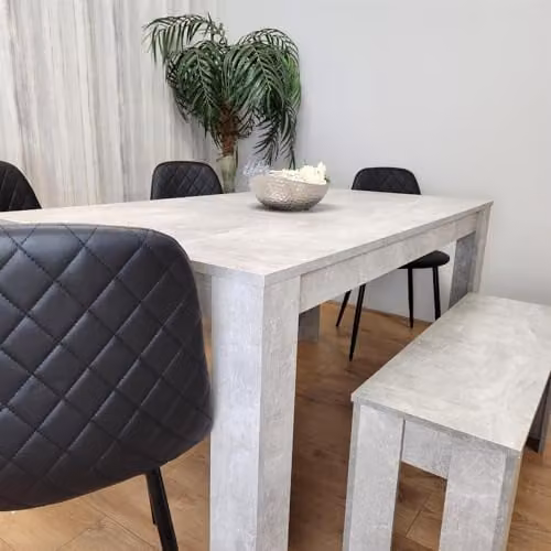 KOSY KOALA Modern 6 Seater Dining Set with Table, 4 Black Faux Leather Chairs and 1 Bench in Grey and Black – 2