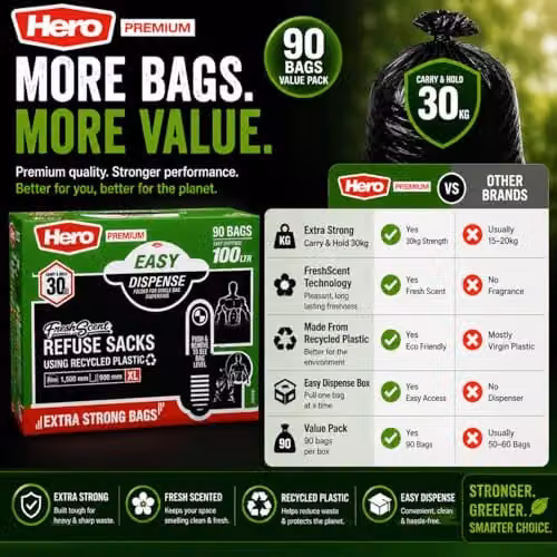 Hero 100L Scented Heavy Duty Black Refuse Bin Bags – 7