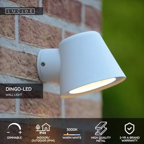 Lucide Dingo LED Dimmable Outdoor Wall Light, White Metal and Glass, GU10, IP44 – 2