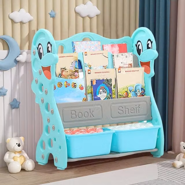 Livingandhome 3 Tier Kids Bookshelf with Toy Box Organiser in Green with Dolphin Animal Print