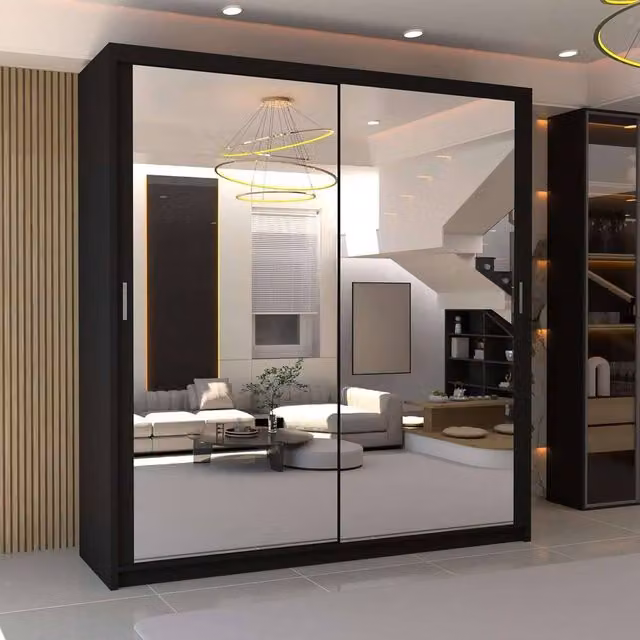MN Furniture Double Mirror Sliding Door Wardrobe in Black, W: 180 cm, H: 217 cm – 1
