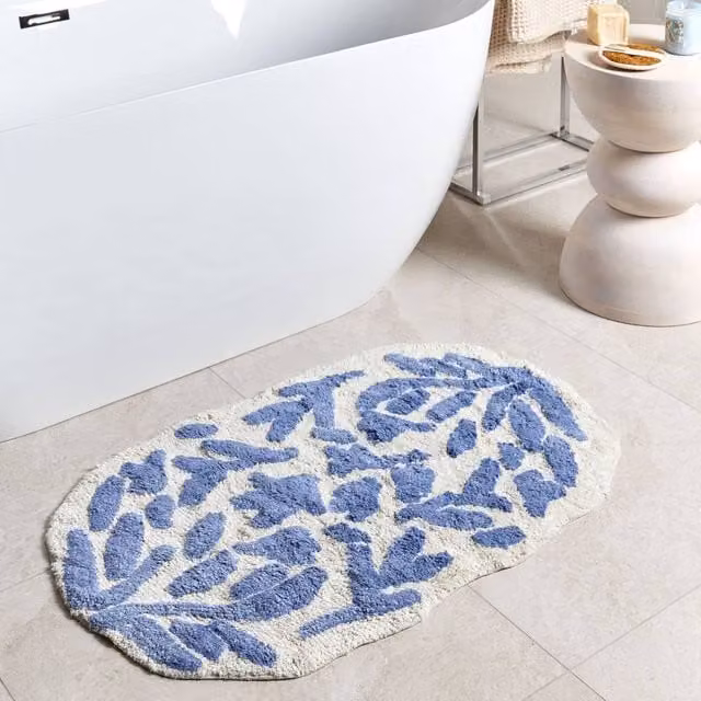 Wyld and Coco Blue Cotton Bathroom Rug with Floral Pattern, W: 60 cm x D: 90 cm