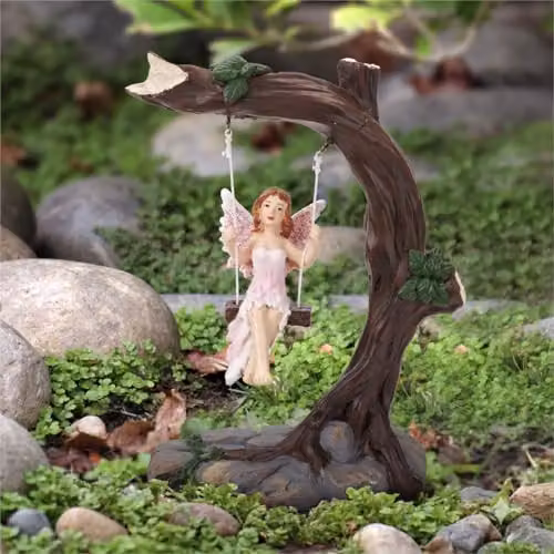 PMS Resin Fairy on a Swing Garden Ornament in Brown and Multicolour, W/D/H: 18.5 x 20.0 x 14.0 cm – 1