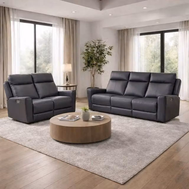 Aspire Rivington Real Leather Power Recliner 3+2 Sofa Set with USB Charging in Anthracite Grey